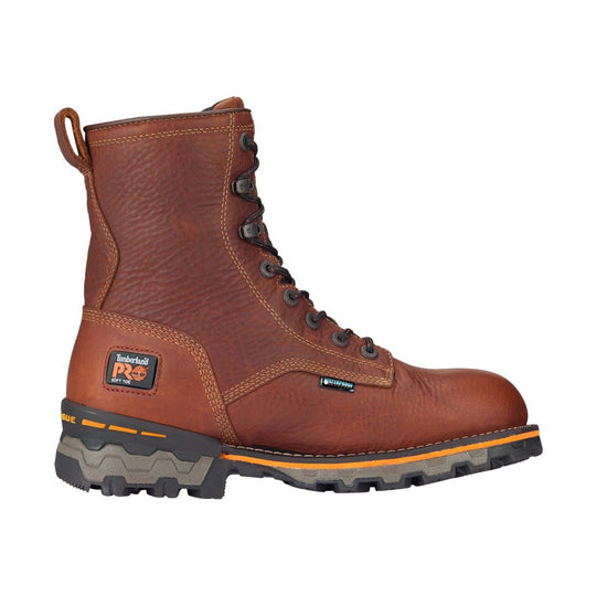 Brown lace-up work boot with black laces, pull loop, and orange accent sole