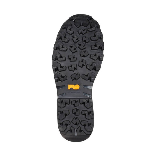 Black lugged work boot outsole with deep tread and yellow Pro logo