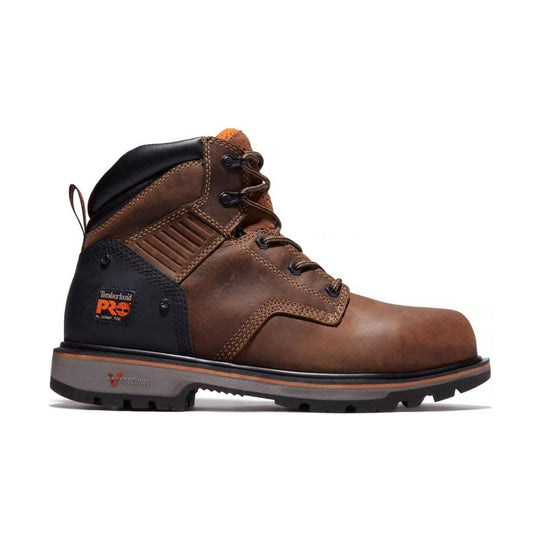 Brown leather composite-toe work boot with black padded collar and rugged sole