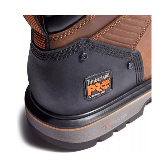 Brown and black work boot heel with Timberland Pro patch and rugged treaded sole