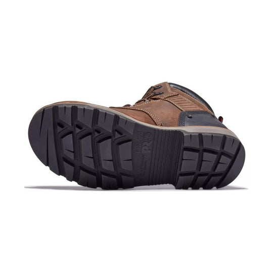 Brown and black lace-up work boot shown from the sole side