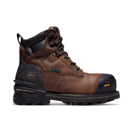 Brown and black lace-up work boot with a rubber toe cap, lug outsole, and pull tab