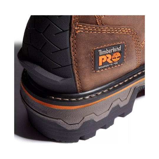 Brown leather work boot with black rubber heel and Timberland PRO label