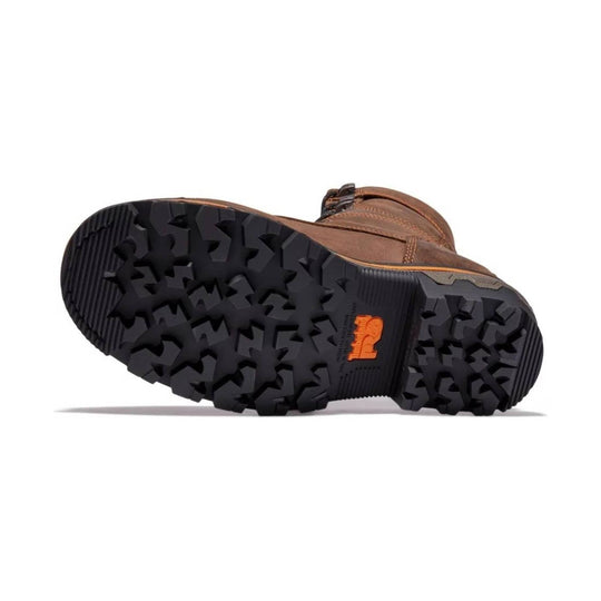 Brown leather work boot with black lug outsole, shown from the sole