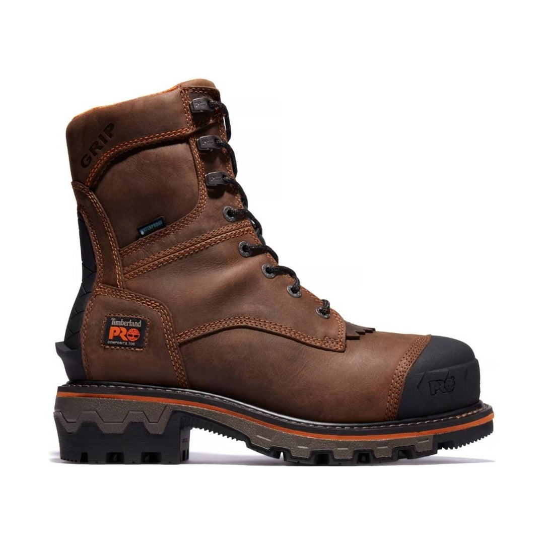Brown leather lace-up work boot with black toe cap and thick lug sole
