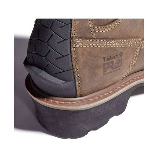 Brown leather work boot heel with black lug sole and Timberland PRO marking