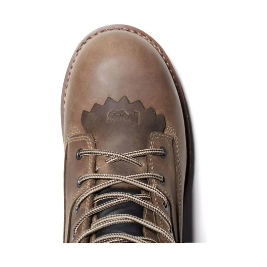 Brown leather work boot with round toe, metal eyelets, and patterned laces, viewed from above