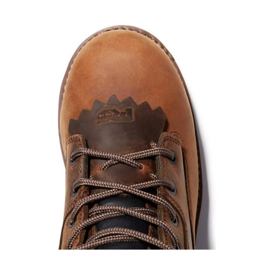 Brown leather work boot with round toe, braided laces, and padded collar