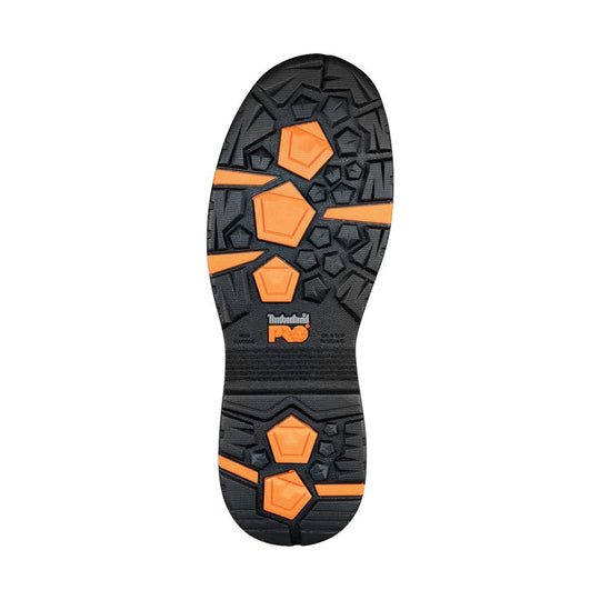 Black and orange boot outsole with rugged traction lugs and Timberland PRO branding