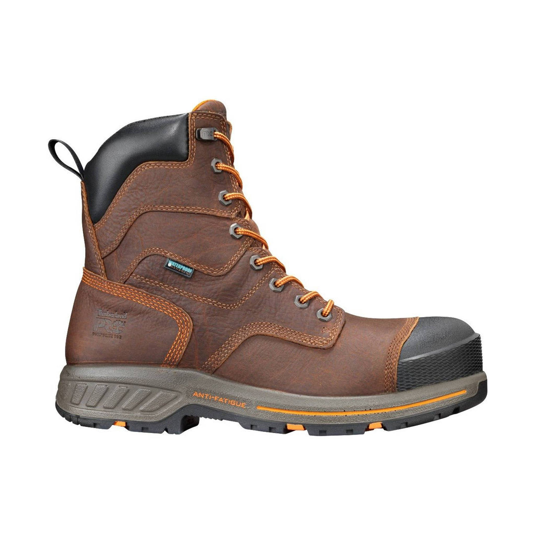 Brown lace-up work boot with black padded collar, orange laces, and gray lug sole