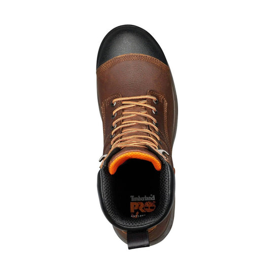 Brown lace-up work boot with black toe cap and orange padded collar, top view