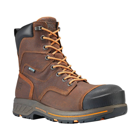 Brown lace-up work boot with a black reinforced toe and orange accents, shown in side view