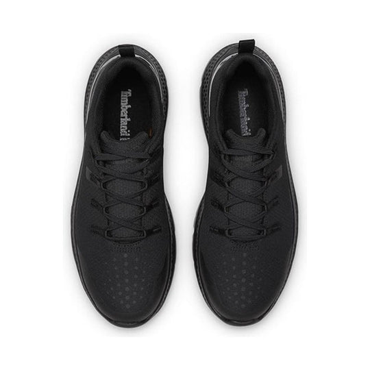 Black low-top work shoes shown from above with laces, pull tabs, and Timberland text on the insoles