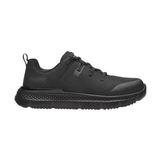 Black low-top work shoe with a thick treaded sole, lace-up closure, and heel pull tab