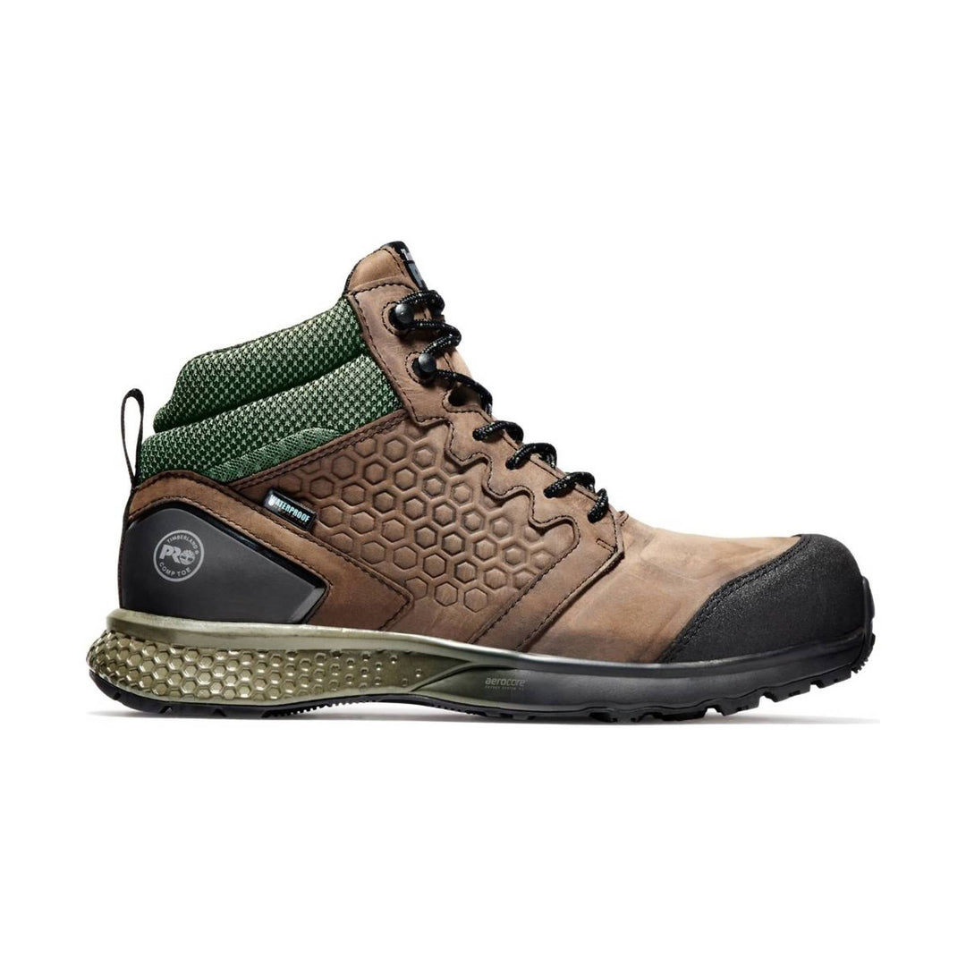 Brown and green lace-up work boot with a black toe cap and textured sole