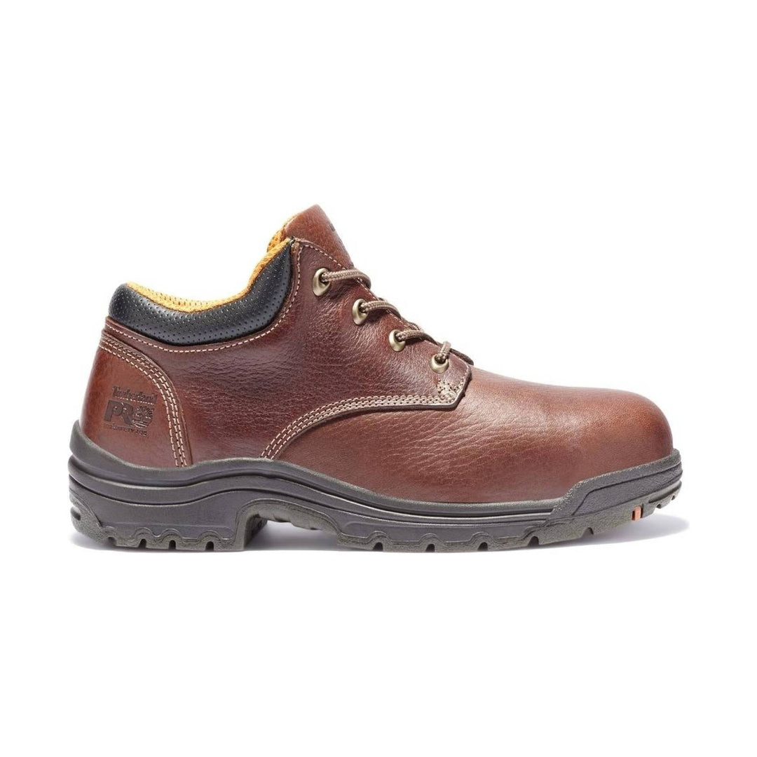 Brown leather work shoe with black padded collar, lace-up front, and rugged lug sole
