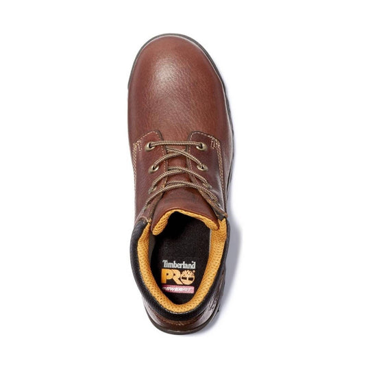 Brown leather lace-up work shoe with yellow padded collar and black outsole