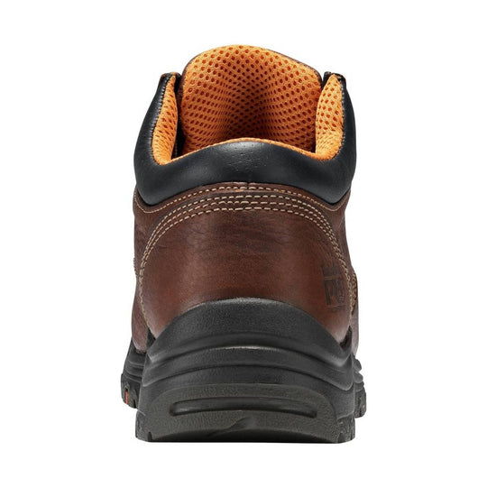 Brown leather work boot with black padded collar, orange mesh lining, and rugged black treaded sole