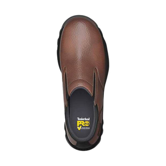 Brown slip-on work shoe with a black sole, shown from above