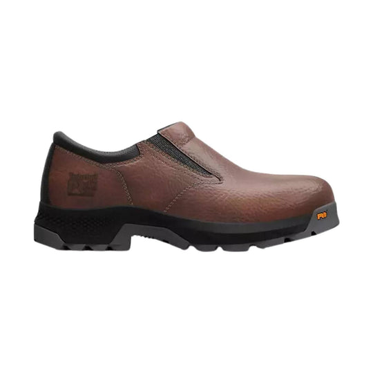 Brown slip-on work shoe with a black sole and rugged tread