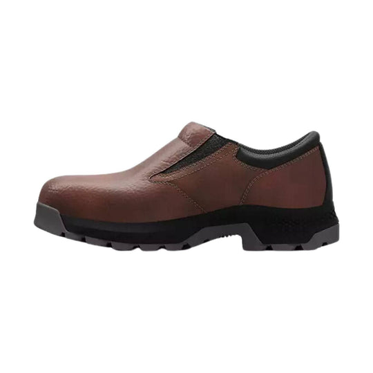 Brown slip-on work shoe with black collar and rugged tread sole, side view