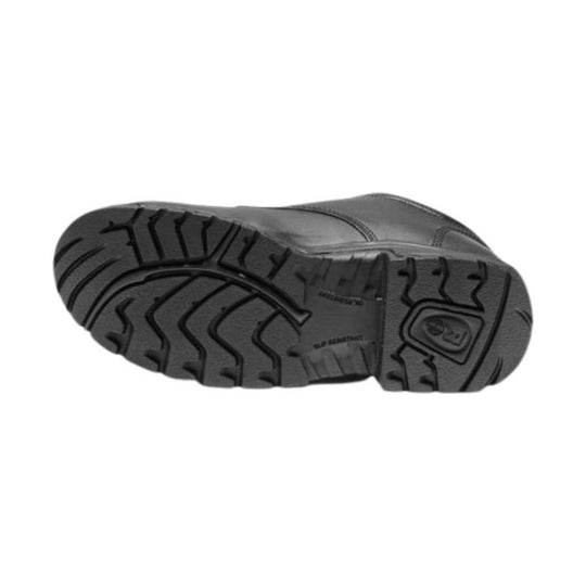 Black work shoe shown from the outsole, with deep tread and slip-resistant marking