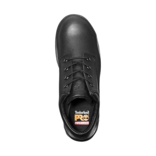 Black leather lace-up oxford work shoe, top view