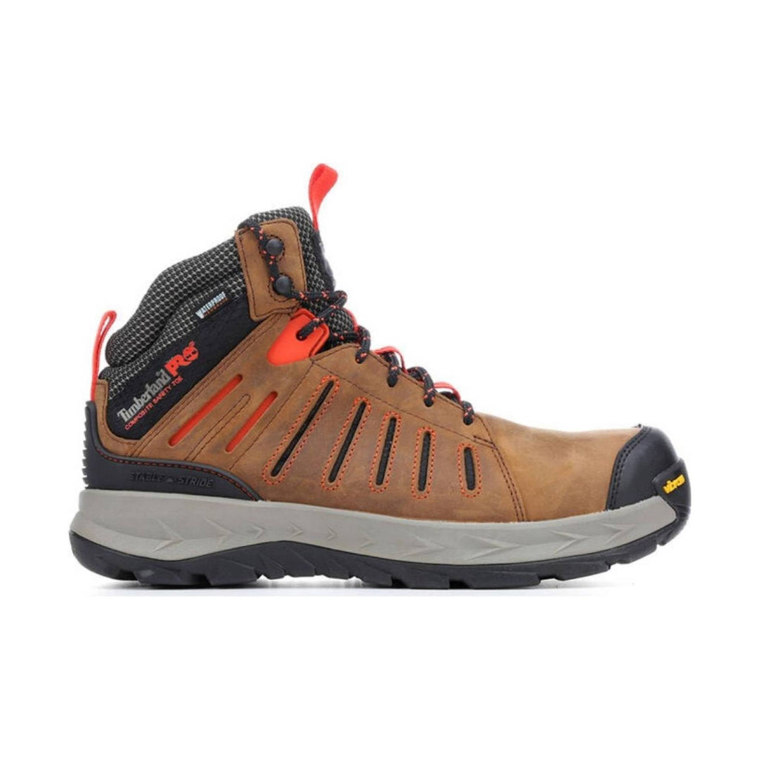 Brown lace-up work boot with black padded collar, orange accents, and a gray cushioned sole, side view