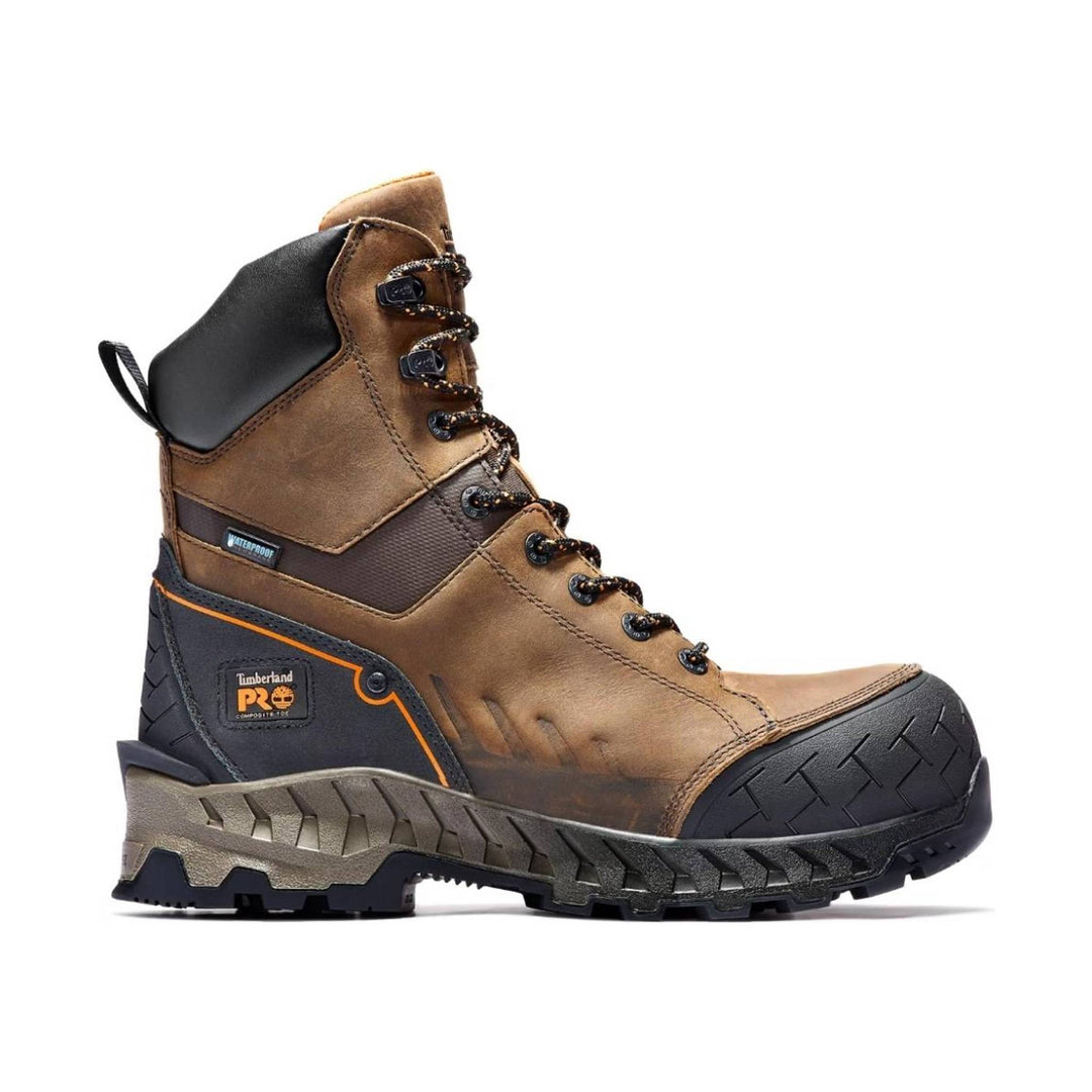Brown and black lace-up work boot with a rubber toe cap and rugged lug sole