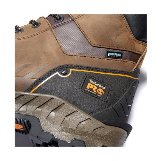 Brown waterproof work boot with black heel panel, laces, and textured lug sole