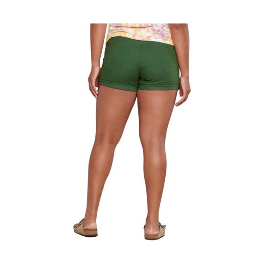 Green fitted women’s camp shorts shown from the back