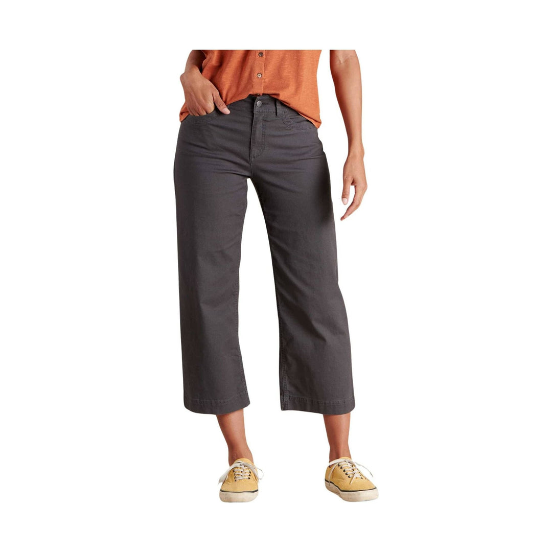 Dark gray cropped wide-leg pants shown on a model with front pockets and a button fly