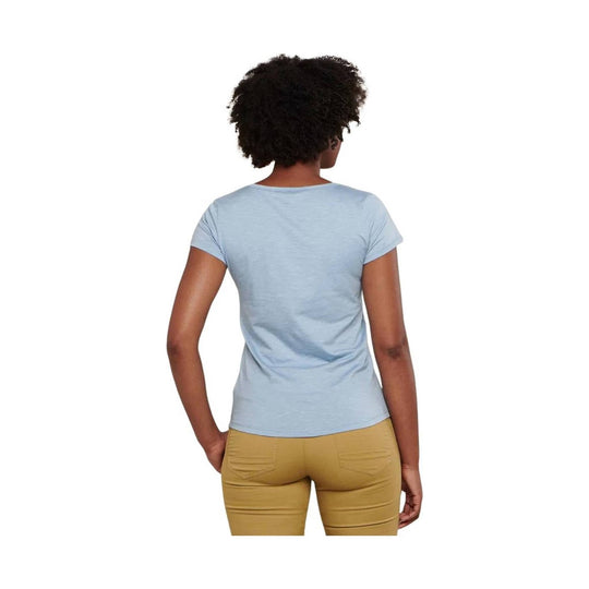 Light blue short-sleeve fitted T-shirt shown from the back on a model