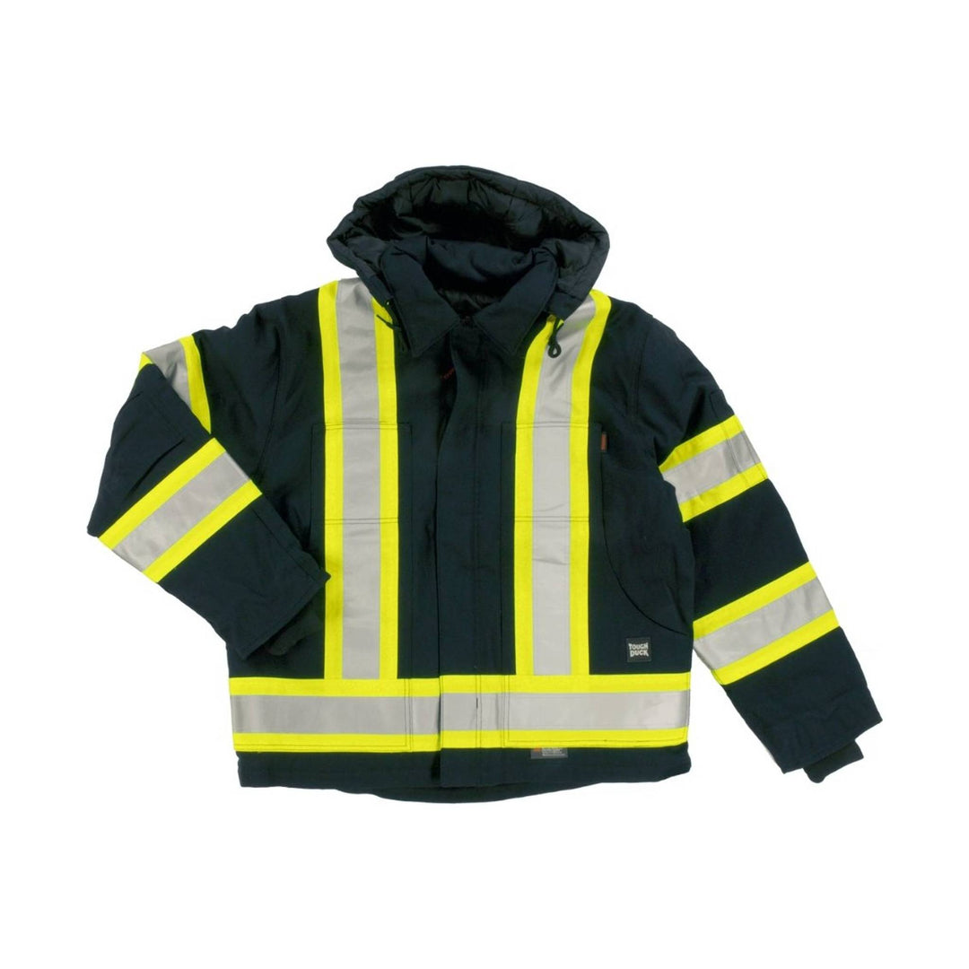 Black hooded high-visibility jacket with yellow and silver reflective stripes