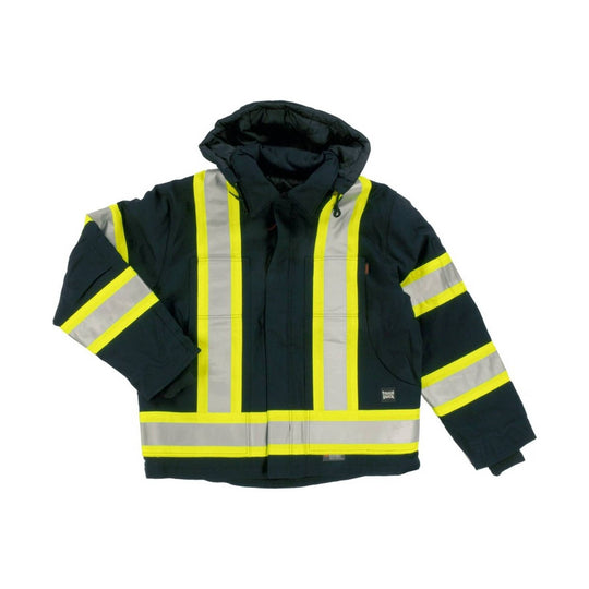 Black hooded high-visibility jacket with yellow and silver reflective stripes