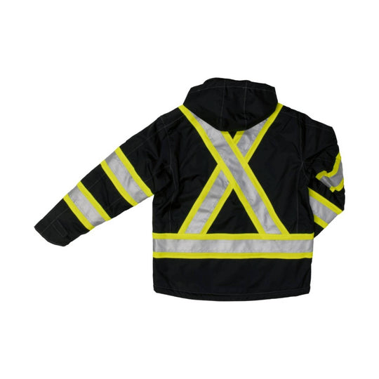 Black safety jacket with reflective silver and yellow X-shaped stripes on the back
