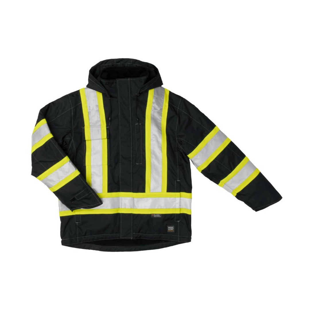 Black hooded safety jacket with yellow and silver reflective stripes