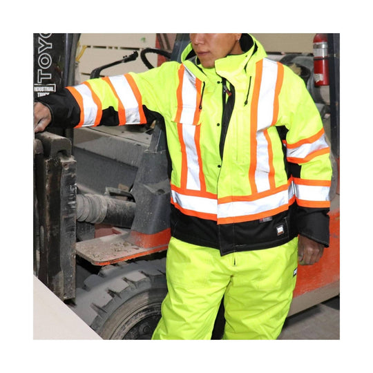Fluorescent yellow safety jacket and pants with orange and white reflective stripes