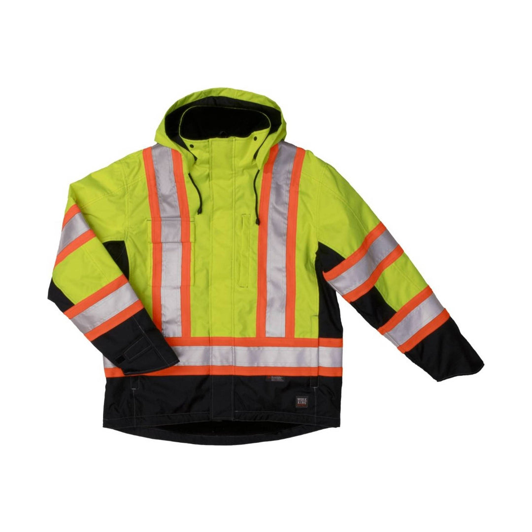 High-visibility hooded safety jacket with reflective stripes and black lower panels
