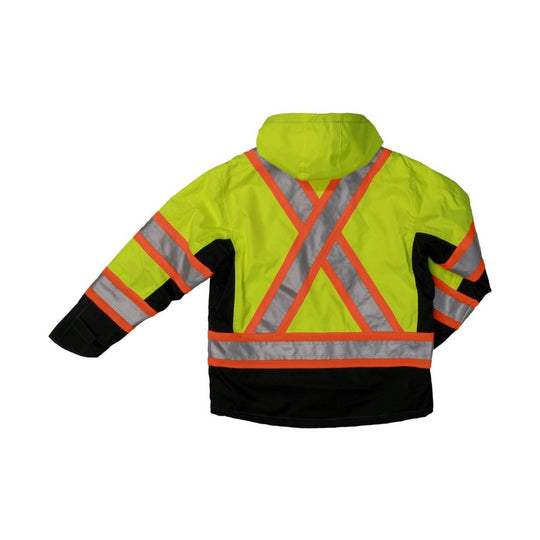 High-visibility safety jacket with hood, reflective striping, and black lower panels, shown from the back