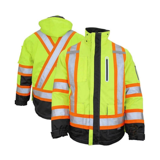 Hi-vis insulated safety jacket in lime yellow with orange and silver reflective striping, shown front and back.