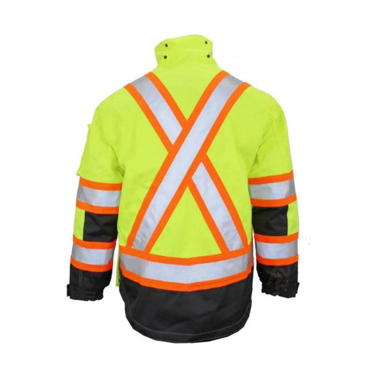 High-visibility green safety jacket with reflective orange and silver X stripes on the back, black lower hem, and striped sleeves