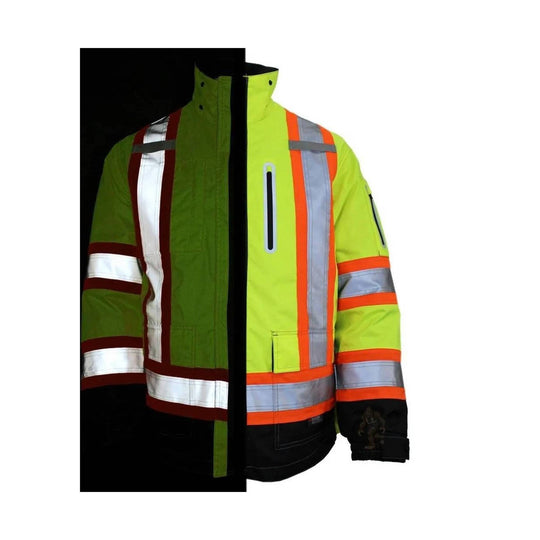 High-visibility jacket with lime green body, orange and silver reflective stripes, and black lower sleeves
