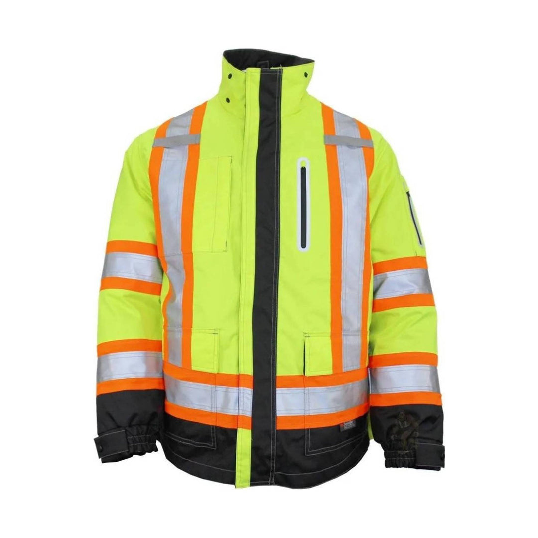 High-visibility lime green safety jacket with reflective stripes, orange trim, and black panels
