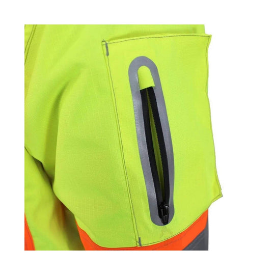 Hi-vis lime green jacket sleeve with a vertical zippered pocket and reflective trim
