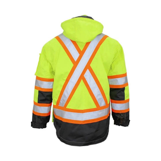 Hi-vis safety jacket with hood, reflective X-back stripes, and orange sleeve bands