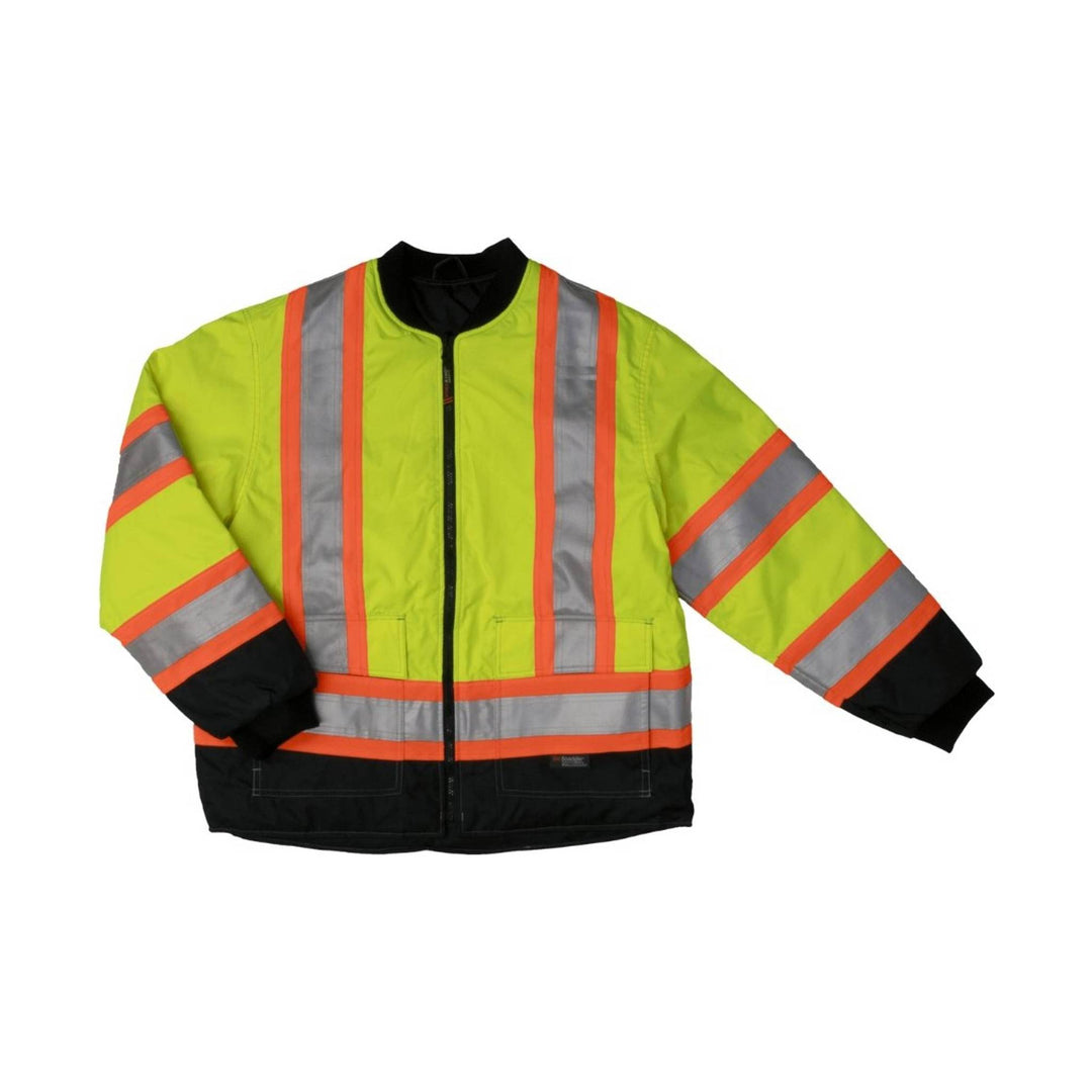 Fluorescent safety jacket with reflective silver and orange stripes, black cuffs, and front zipper