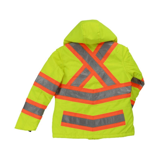Hi-vis yellow hooded safety jacket with reflective orange and gray X-striping on the back