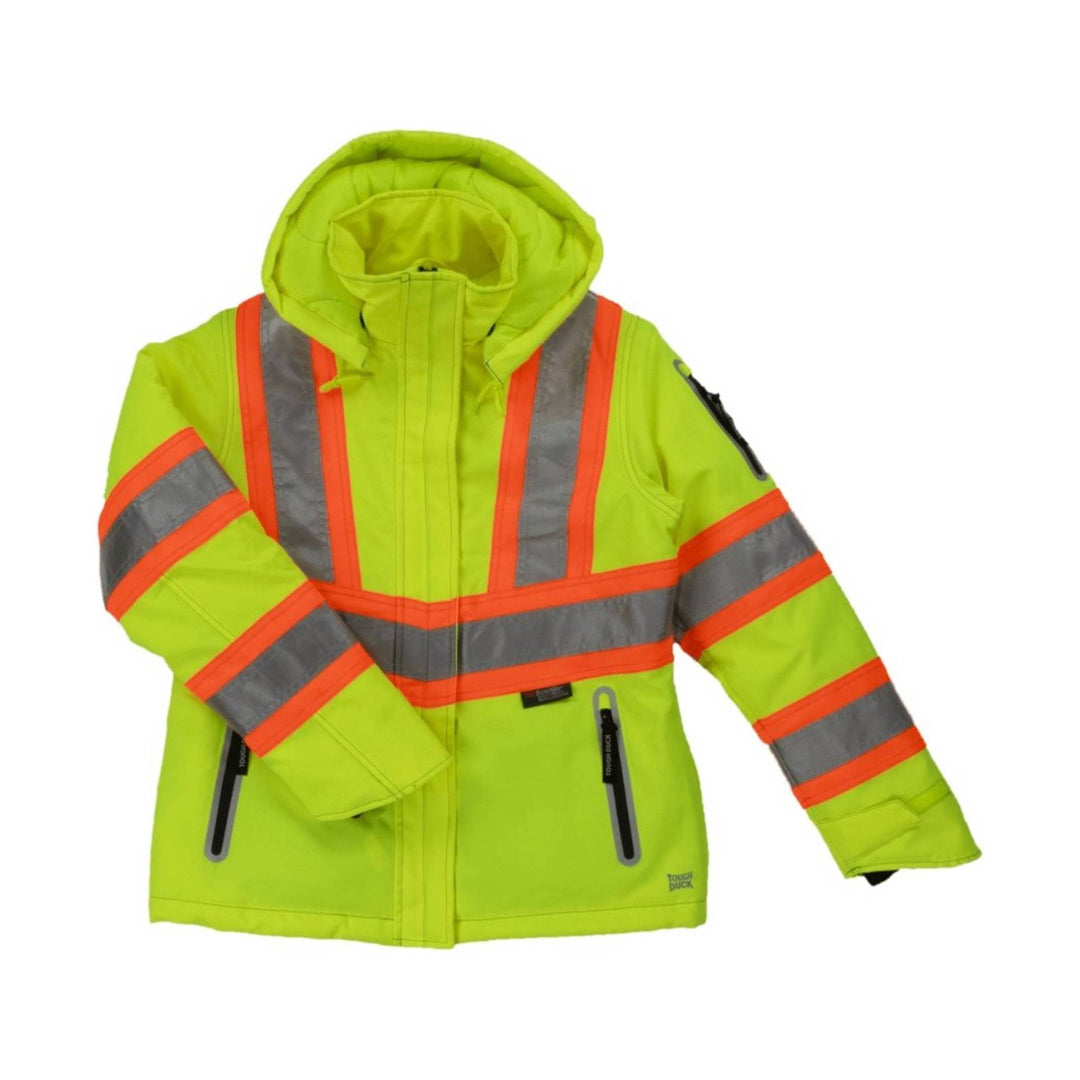 Hi-vis insulated hooded safety jacket with reflective stripes, zipper pockets, and orange trim
