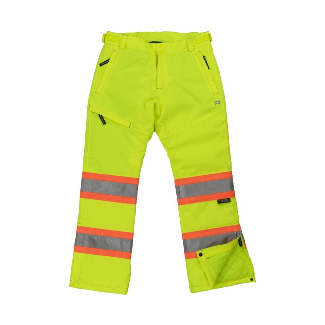Hi-vis yellow insulated safety pants with orange and gray reflective leg bands and zippered pockets